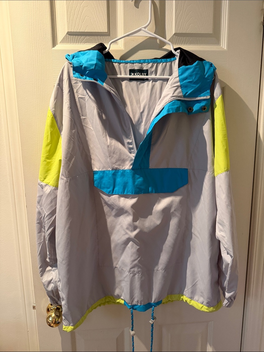 Hooded Rain Anorak - Light Gray with Blue & Neon Yellow
